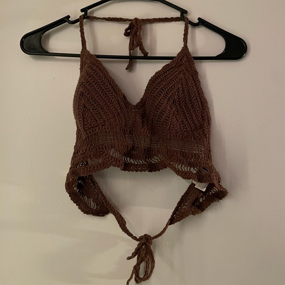 Brown boho crochet crop top. Can wear to the beach, although NOT a bathing suit.